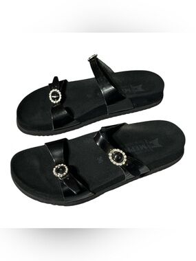 Mephisto Sydel Black Patent Jeweled Two-Strap Slide Sandals
